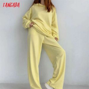 Tangada femmes survêtement ensembles jaune surdimensionné sweat à capuche coton costume 2 pièces ensembles capuche hauts et pantalons 6L39 210925