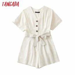 Tangada Dames Vintage Katoen Linnen Speelkopen Strikje Korte Mouw Rompertjes Dames Casual Chic Jumpsuits QW2 T200704