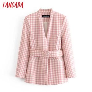 Tangada dames vintage roze print blazer vrouwelijk met riem lange mouwen elegant jasje dames werkkleding blazer formele pakken 3H607 210609
