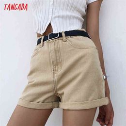 Tangada Mujer Vintage Summer Denim Shorts con cinturón Bolsillos con cremallera Mujer Retro Casual Pantalones PP02 210719
