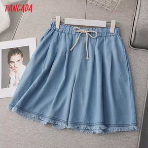 Tangada Dames Vintage Tassel Denim Shorts Strethy Taille Zakken Vrouwelijke Retro Casual Shorts Pantalones ZE18 210609