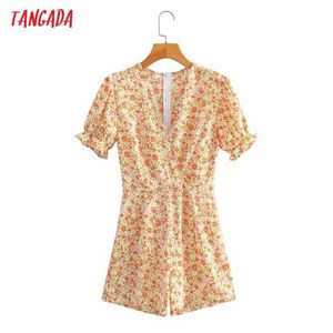Tangada Dames Vintage V-hals Bloemenspeelzakken Korte Mouw Rompertjes Rits Dames Casual Chic Jumpsuits 1F198 210609
