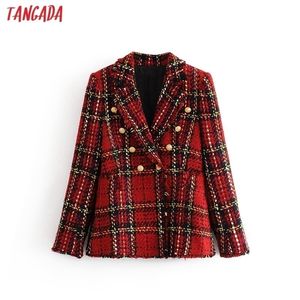 Tangada femmes chaud hiver double boutonnage rouge costume veste bureau dames vintage plaid blazer poches vêtements de travail hauts 3H16 201201