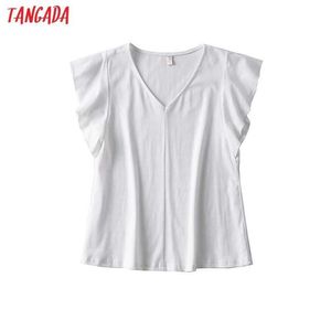 Tangada Mujeres White Cotton T Shirt Ruffles Manga corta V Cuello Tees Ladies Casual Tee Shirt Street Wear Top AI82 210609