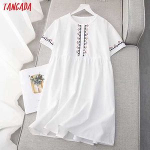 Tangada Femmes Blanc Broderie 100% Robe en coton pour l'été à manches courtes Lâche Femelle Mini Robes Robes ZE03 210609