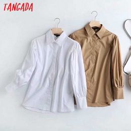 Tangada Mujeres Camisas de algodón de color caqui blanco Puff Manga larga Sólido Elegante Oficina Damas Ropa de trabajo Blusas de alta calidad 4C37 210609