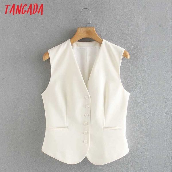 Tangada femmes gilet blanc gilet manteau boutons dos ceinture dames style court sans manches blazer haut CE526 210609