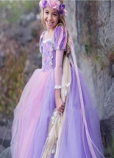 Robe princesse emmêlée moelleuse Costume de Cosplay Raiponce pour soirée robes de bal enfants robe longue pour 410T Roleplay fille C4751179