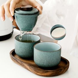 Tangpin Green Ceramic Teapot Teapot Handmade Portable Travel Tea Sets