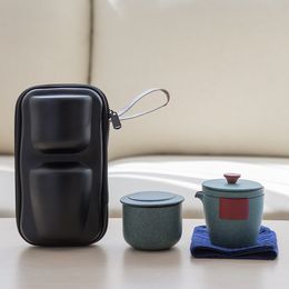 Théière en céramique vert tangpin avec 3 tasses de thé, jeu de thé de voyage portable, boisson