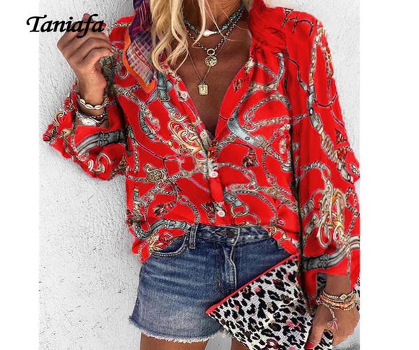 Taniafa Nouvelle mode plus taille chemises Femme V Neck à manches longues Bouton Fancy Tops Blouse à imprimé lâche décontracté CX2007149561684