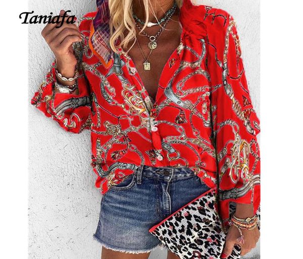 Taniafa Nouvelle mode plus taille chemises Femmes V Neck à manches longues Bouton Fancy Tops Blouse à imprimé lâche décontracté CX2007142270097