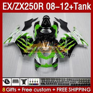 Tank OEM-kuipen voor Kawasaki Ninja ZX-250 ZX250 EX250 R ZX250R 08 09 10 2011 2012 163NO.218 EX ZX 250R EX250R ZX-250R 2008 2009 2010 11 12 Injectie Groene aandelen