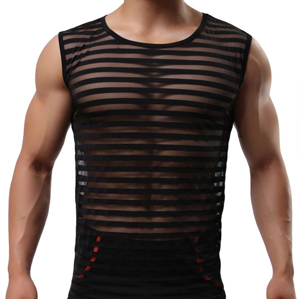 Camiseta sin mangas para hombre, ropa deportiva para culturismo, ropa interior de gimnasio a rayas transparentes, chaleco de musculación para hombre sin mangas