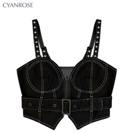 Débardeur Femmes Sexy Noir Vintage Denim Crop Tops Été Camisole Mode Casual Femme Gothique Y2K Sans Manches Hors Épaule Gilet 220519