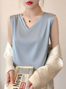 Camiseta sin mangas Mujer Verano Sólido Colo Seda Artificial Satén Fino Suave Negro Blanco Camis V-Cuello Modelo Básico Sedoso Y2k Debe Comprar 240312