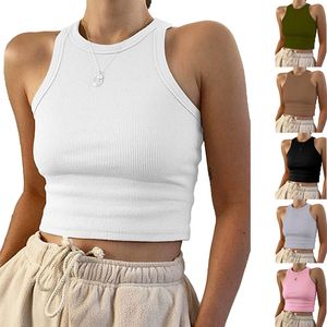 Tanktop vrouwen vest borduurwerk ontwerper slanke navel blootgestelde outfit elastische gebreide tanks close fitting woman t shirt sport yoga top simple short short short short