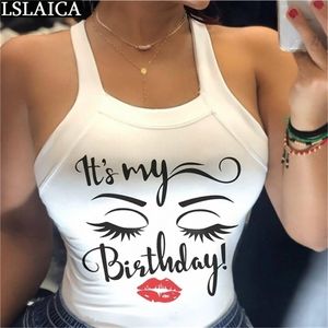 Camiseta sin mangas con estampado de letras blancas para mujer, Top corto Sexy con lazo en la espalda a la moda, ropa de calle para fiesta nocturna y sin espalda, Top para mujer 210401