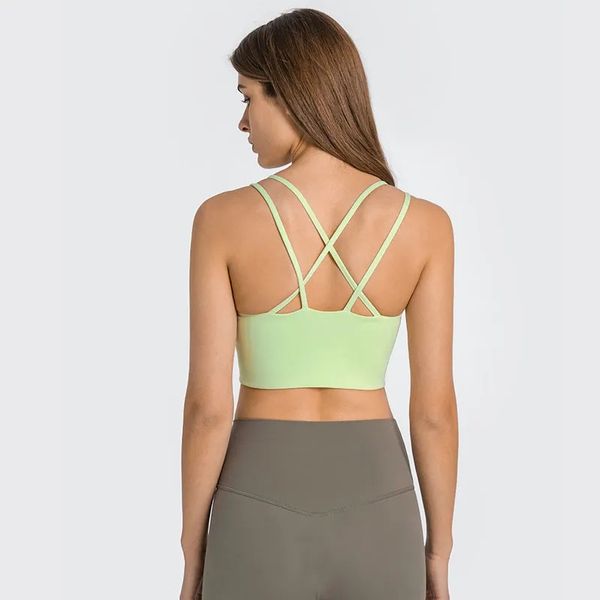 Débardeurs Double Bretelles Minces Sensation Nue Soutien-Gorge De Yoga Respectueux De La Peau Réunis Antichoc Sous-Vêtements De Sport Croix Beau Dos Sexy Gilet Avec Bonnets Amovibles