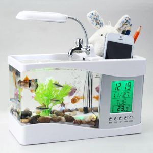 Tanques 1.5l Mini Usb Escritorio Acuario Tanque Peces Acuario con Luz Led Pantalla LCD y Reloj Decoración de Pecera con Guijarros