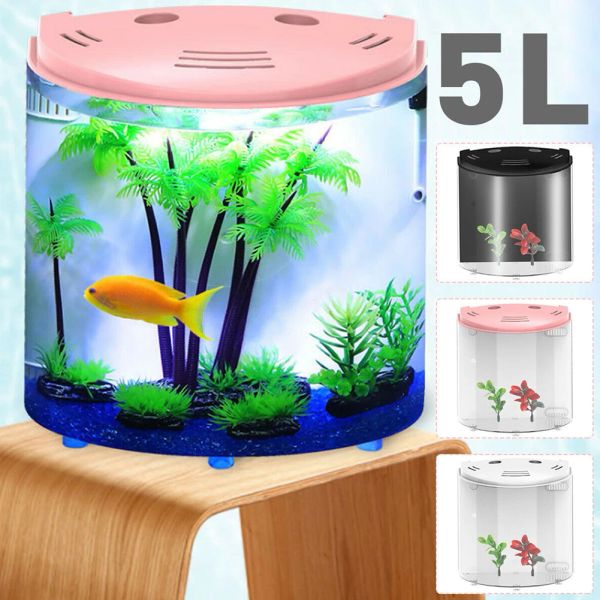Tanques 5L Tanque de peces USB LED Filtración Simulación Plantas de agua Mini acuario portátil Decoración del hogar 180 grados Sala de estar abierta Escritorio