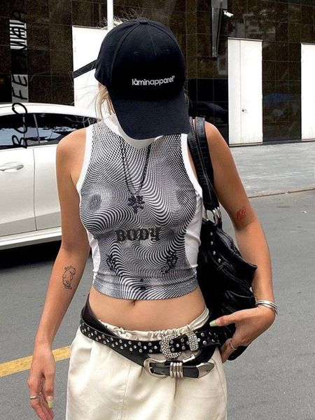 Tanques Boofeenaa Y2k Sexy 3d Body Print Crop Top Streetwear Mujeres Camisetas gráficas de verano Camisetas sin mangas ajustadas blancas Ropa de los años 2000 C69ah10