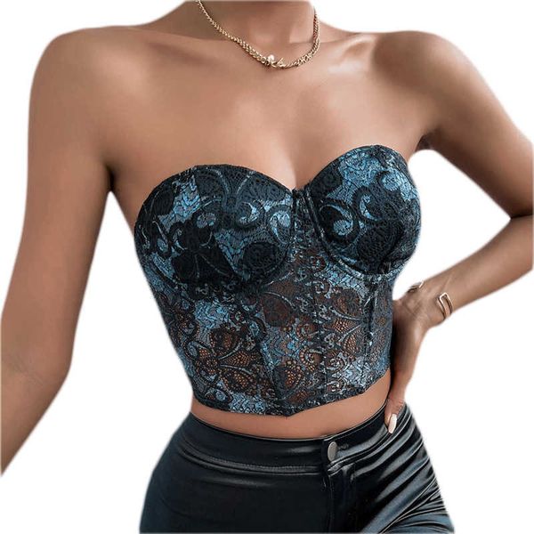 Débardeurs Camis Xingqing Soutien-Gorge Serré 2022 Sexy Bandeau Dentelle Broderie Sans Bretelles Transparent Crop Pipe Débardeur Femmes D'été Club Wear P230526