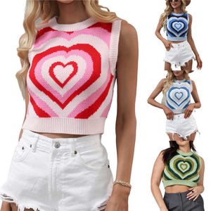 Tanks Camis Xingqing Valentijnsdag Hartprint gewas Kawaii Sweater tank zoete mouwloze gebreide top Slim Street Clothing P230526