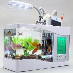 Tanks Home Aquarium Small Fish Tank USB LCD Desktop Lamp Light LED Clock White