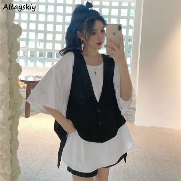 Tanks Vente chaude L4XL Gilets Femmes Été Mince Nouveauté Bandage Lâche Noir Sans Manches Gothique Casual Allmatch Unisexe Mode Bf Ins