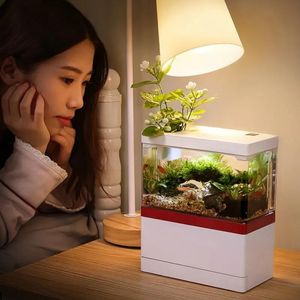 Tanks Mini Aquarium avec filtre et lumière LED, support pour téléphone d'eau douce tropicale, panier de plantes hydroponiques pour le bureau