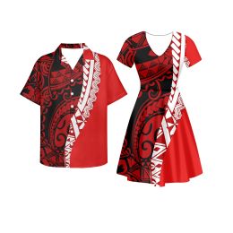 Tanks Polynésien Tonga Tribal Tongan Totem Tatouage Rouge Imprime Couple Vêtements Costumes Femmes Assortis Hommes Chemise Party Vêtements Island Wear