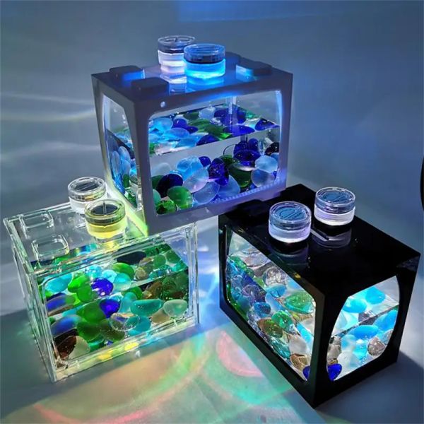 Tanks Petit Aquarium avec lumières LED sept couleurs, bureau créatif Micro paysage réservoir écologique bricolage Mini Aquarium de poissons tropicaux