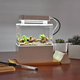 Tanques Mini tanque de peces de plástico mejorado, luz LED, acuario de escritorio, pecera con filtración de agua, bomba de aire silenciosa, Mini acuario