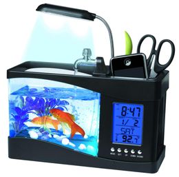 Réservoirs USB Mini Aquarium Aquarium Aquarium avec LED lampe de bureau lumière écran d'affichage LCD horloge Aquarium écosystème