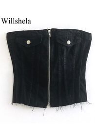 Réservoirs Willshela femmes mode Denim solide fermeture éclair avant hauts Corset Vintage avec bouton sans bretelles Slash cou femme Chic dame haut