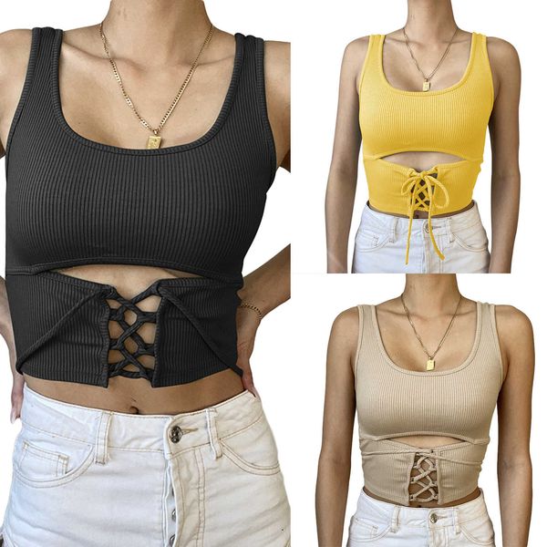 Débardeurs Femme Encolure dégagée Sexy Sans Manches Solide Criss Cross Dentelle Crop Rib Summer Tank Camis Basic Tube Casual Top P230605