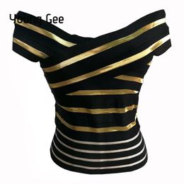 Tanques Young Gee 2019 Nuevas mujeres atractivas de verano Slash Neck Crop Top Vendaje elástico Estiramiento A rayas Tight Lady Camis Chaleco Camisetas sin mangas Mujer