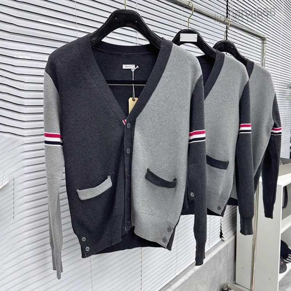 Taobao TB Grey Block Color Cardigan Pull Sweater Knitwear Couple en V V