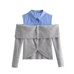 Taop Za début du printemps produit femmes mode et décontracté polyvalent col rabattable conception ouverte épissé tricots 240127