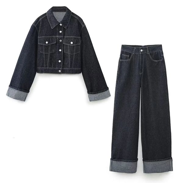 Taop Za début du printemps produit femmes mode décontracté manches frisées veste en jean avec ourlet roulé ensemble 240127