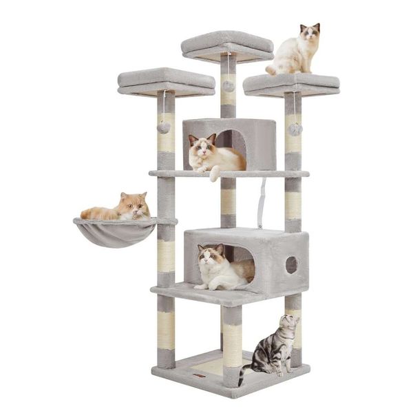 Arbre Taoqimiao, tour de 62,2 pouces pour chats d'intérieur de grande taille, condo à plusieurs niveaux avec 10 griffoirs pour chats, perchoirs, 2 grandes grottes, hamac, 3 pompons, lumière