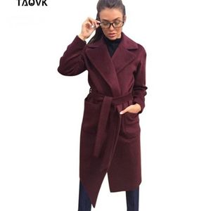 Taovk Dames Jassen Jassen Medium-Long Belt Wol Blends Coat Turn-Down Collar Solid Color Pockets Parka 201214