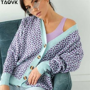 Taovk Dames Gebreide Trui Diamant Patroon Single-Breasted Buttons Losse Casual Knit Cardigan 211011