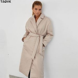 TAOVK femmes hiver épais Long manteau femme coupe-vent à simple boutonnage taille large ceintures amples chaud coton manteau 210819