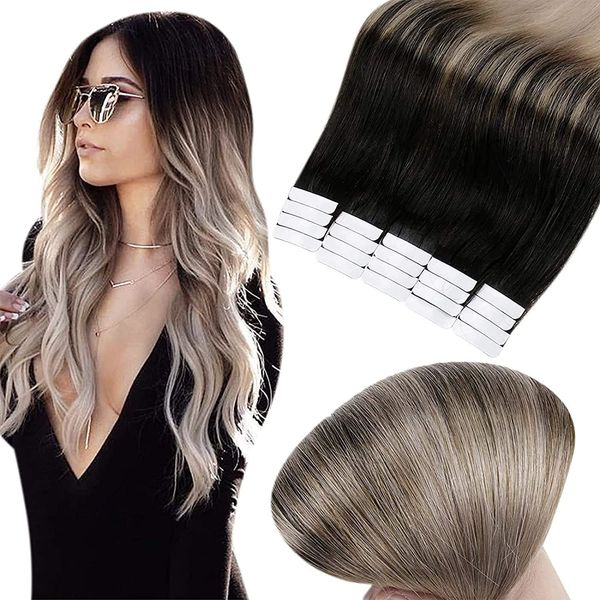 Bande dans l'extension de cheveux Balayage Cheveux humains Noir décoloration à Ash Blonde Ombre bande ins Extensions adhésives 100g / 40pcs