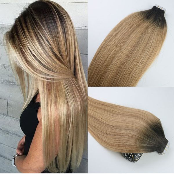 Bande dans les Extensions de cheveux humains Ombre cheveux brésiliens vierges cheveux Balayage brun foncé à 27 Extensions blondes mettre en évidence la trame de la peau