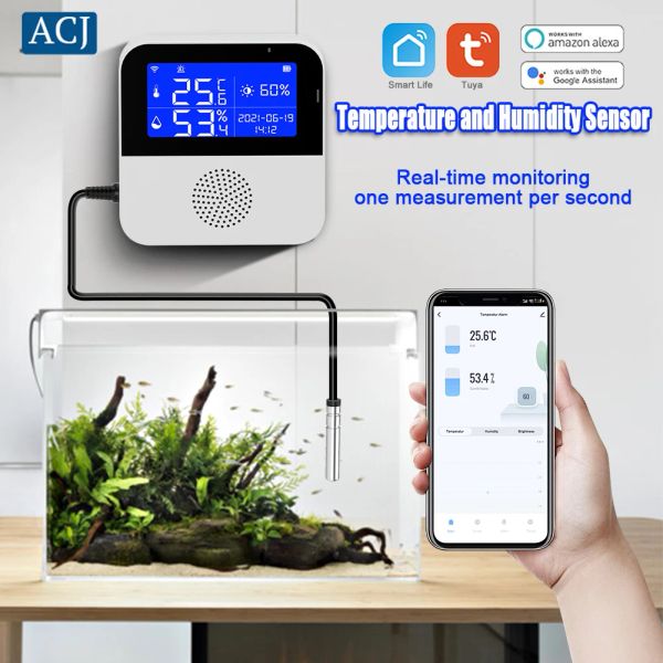 Cinta TUYA Temperatura Wifi Sensor de humedad Pantalla LCD para el crecimiento inteligente del hogar o la planta Alta precisión con línea de temperatura del agua