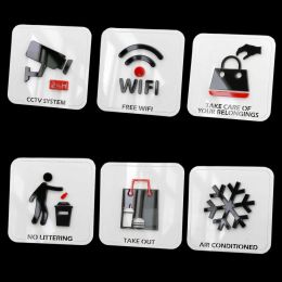 Tape waterdichte acrylwaarschuwingsborden WiFi CCTV Icon Sign Herinnering 3D Shape Sticker voor Home Office Store School Factory 12.8x12.8cm