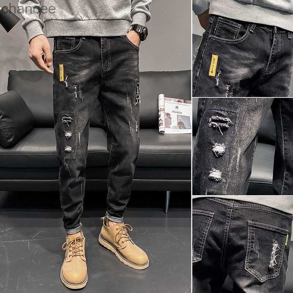 Pantalon fuselé cassé noir avec trous jean pour homme déchiré déchiré homme pantalon de cowboy été coton punk jambe large luxe esthétique S HKD230829